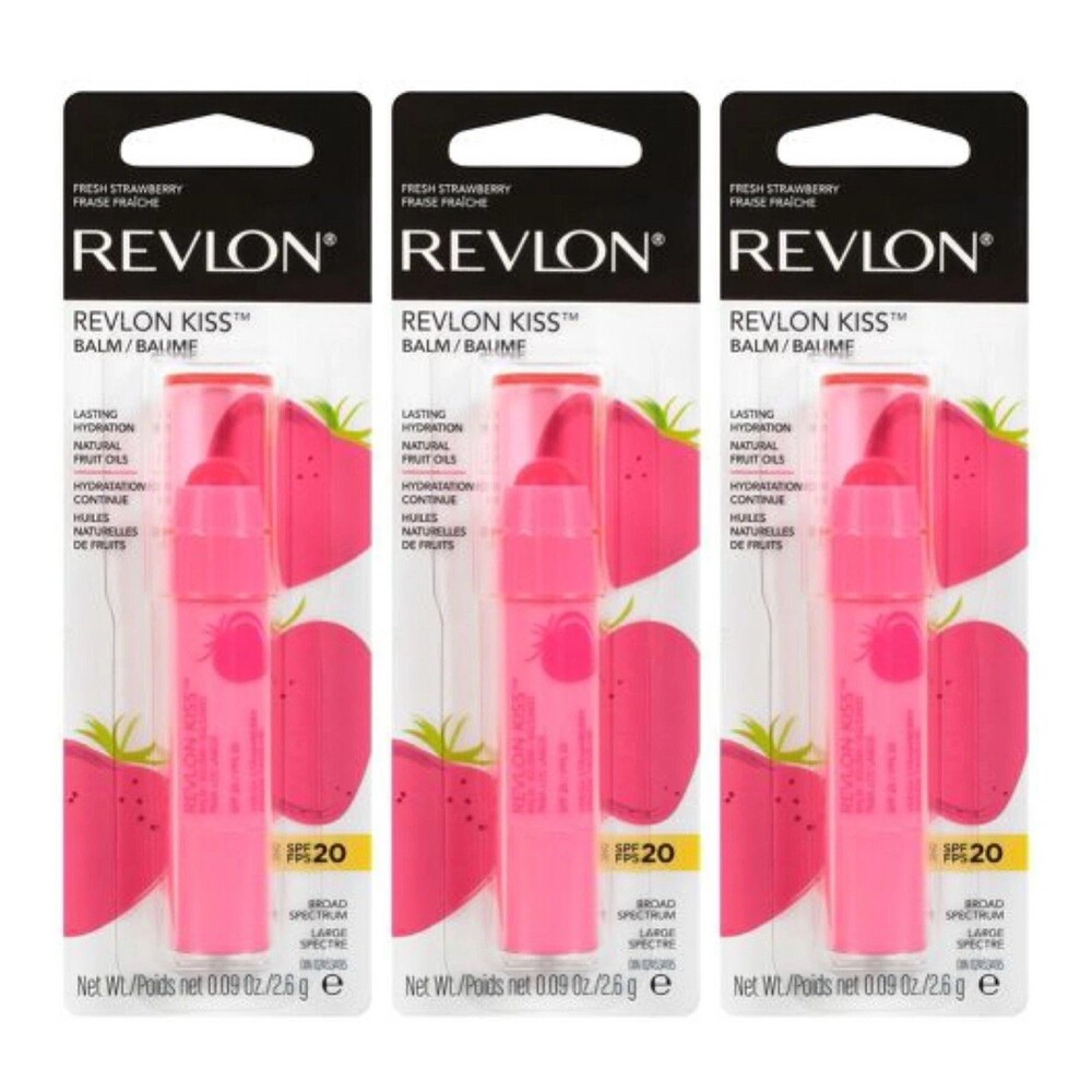 Lot Of 3 Revlon Kiss Balm 025 Fresh Strawberry SPF 20 Sunscreen Fruit Oils New